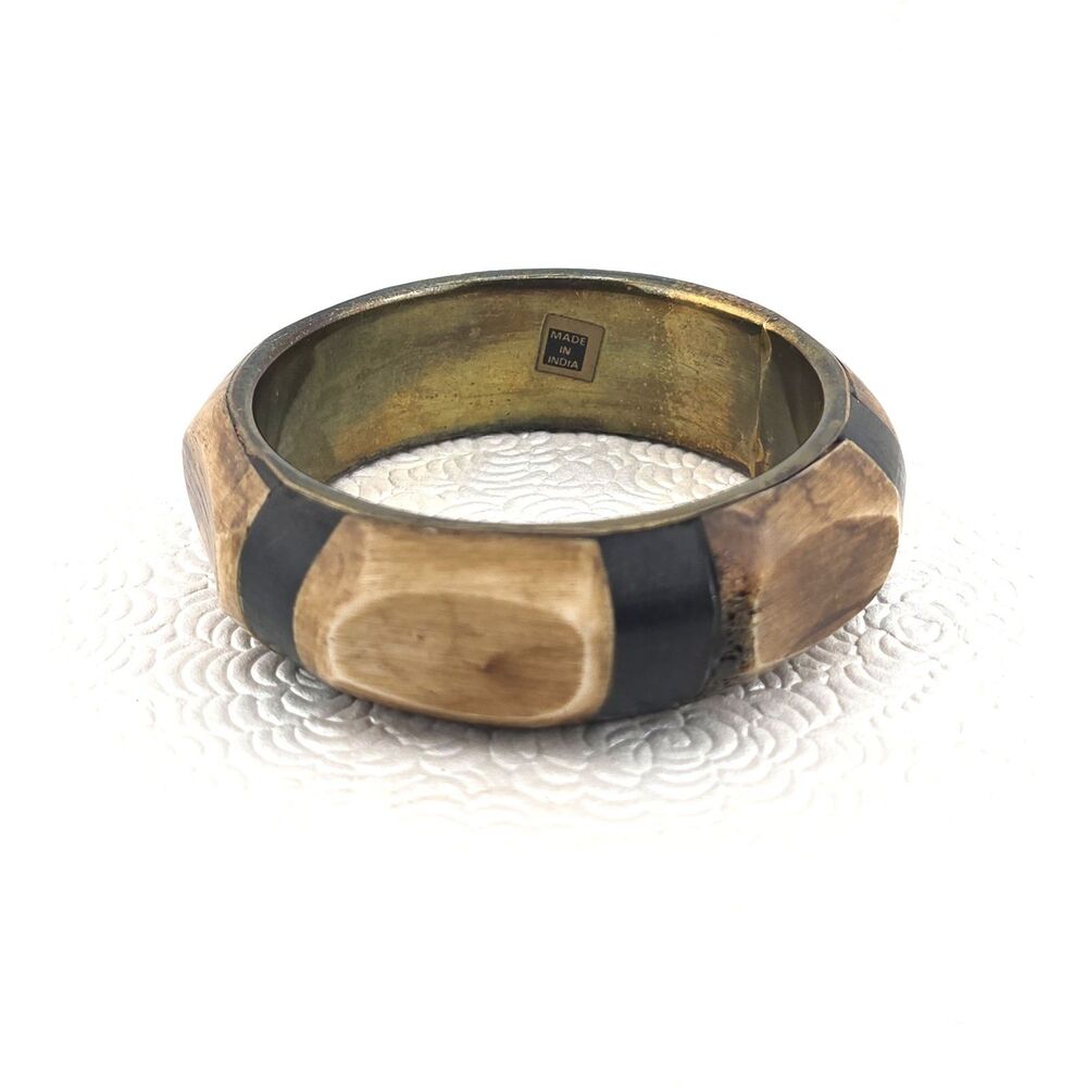 Vintage Brass Bangle Bracelet Carved Bone & Black Horn Faceted Brown Boho Ethnic